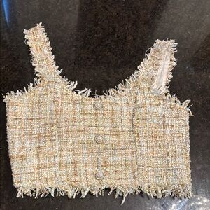 Chic Tweed Crop Top - Cream and Gold